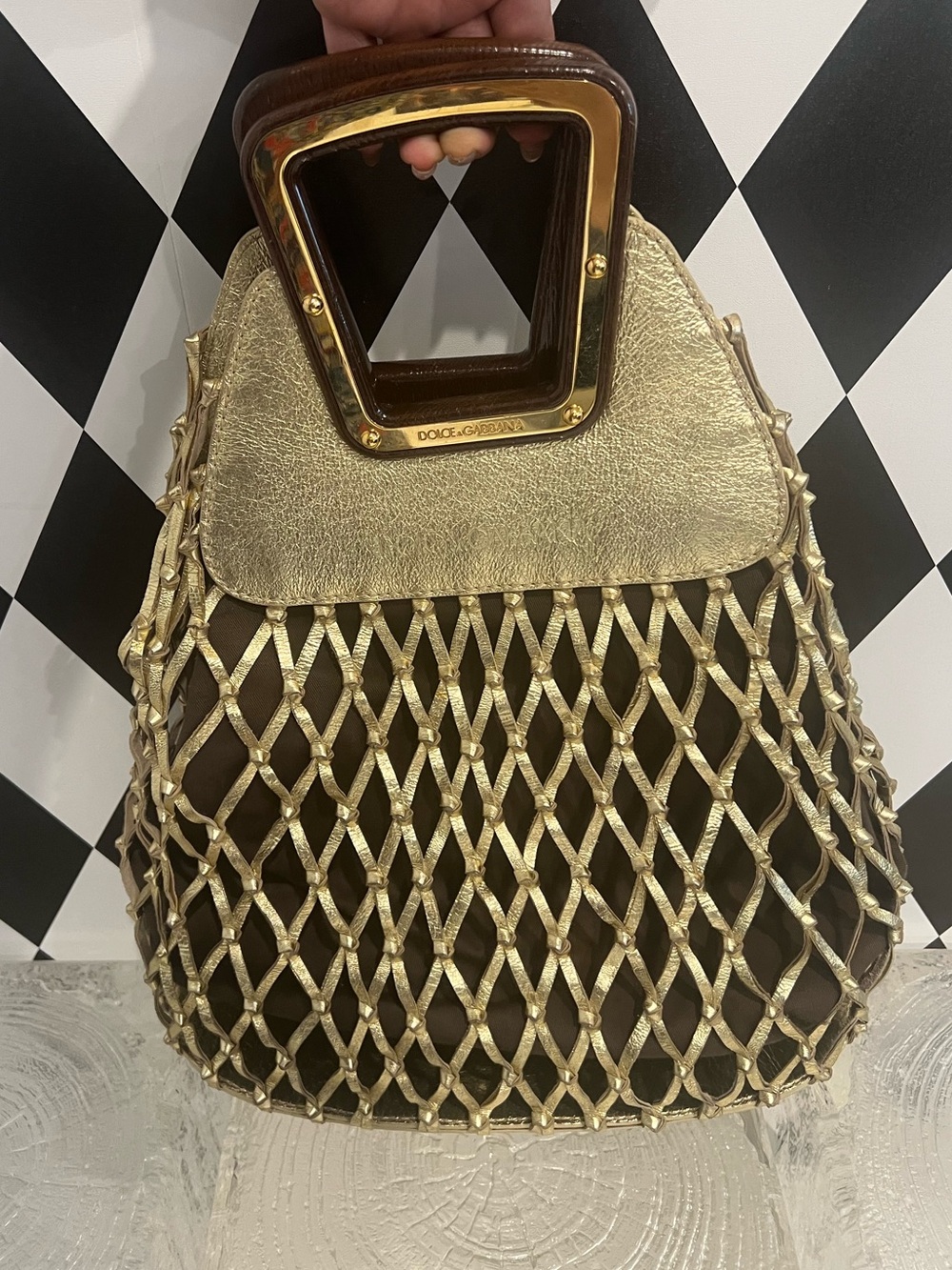 Dolce & Gabbana Gold Metallic Net Tote with Brown Interior Trim